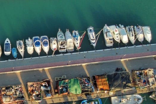Top down drone photo of boats at Caleta de Velez in Malaga province