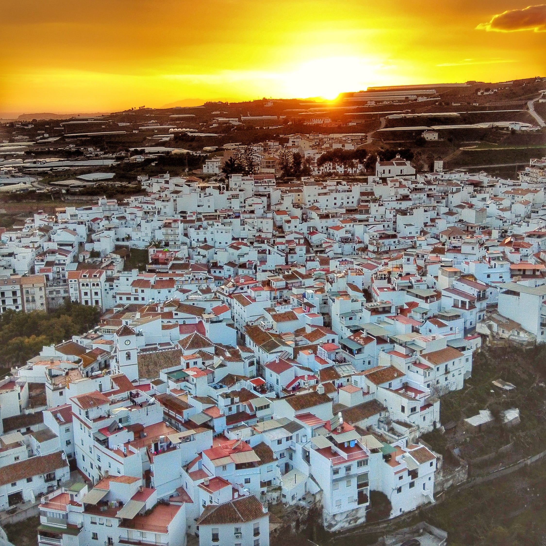 Photograph of Algorrobo in the Axarquia area of Malaga, Andalucia, taken from the air with a drone as the sun goes down