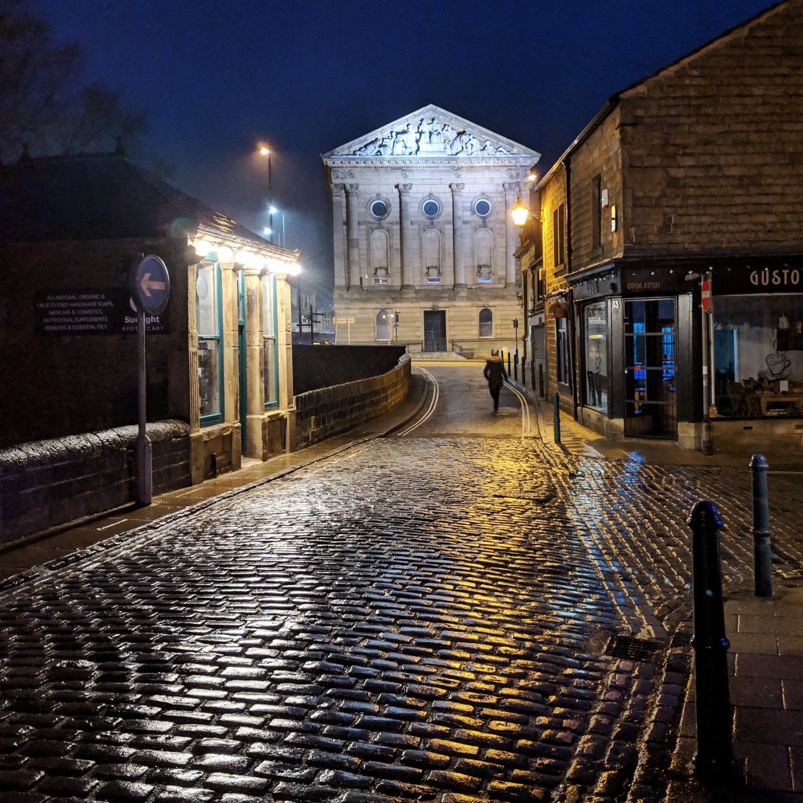 Cobbled streets of Todmorden on the border between Yorkshire and Lancashire after a little night rain.